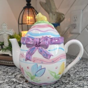Hand-Painted Ceramic Teapot with Pastel Floral Bow